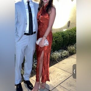 ASTR Marissa Rust Floral Jacquard Satin Halter Midi Dress